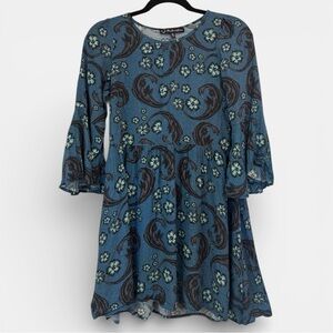 For Love And Lemons Blue + Black Paisley Bell Sleeve Mini Dress Boho Western